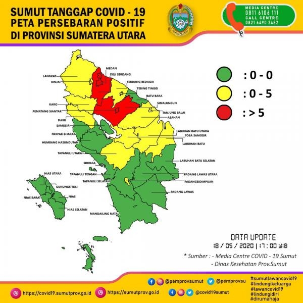 Peta Persebaran Positif di Provinsi Sumatera Utara 18 Mei 2020